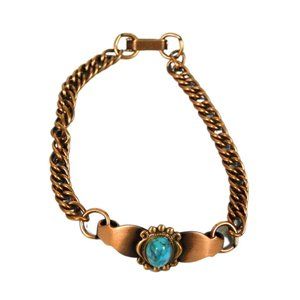 Copper Color Womens Bracelet Curved Center Faux Turquoise Bead 7 - 7 1/8 Inches